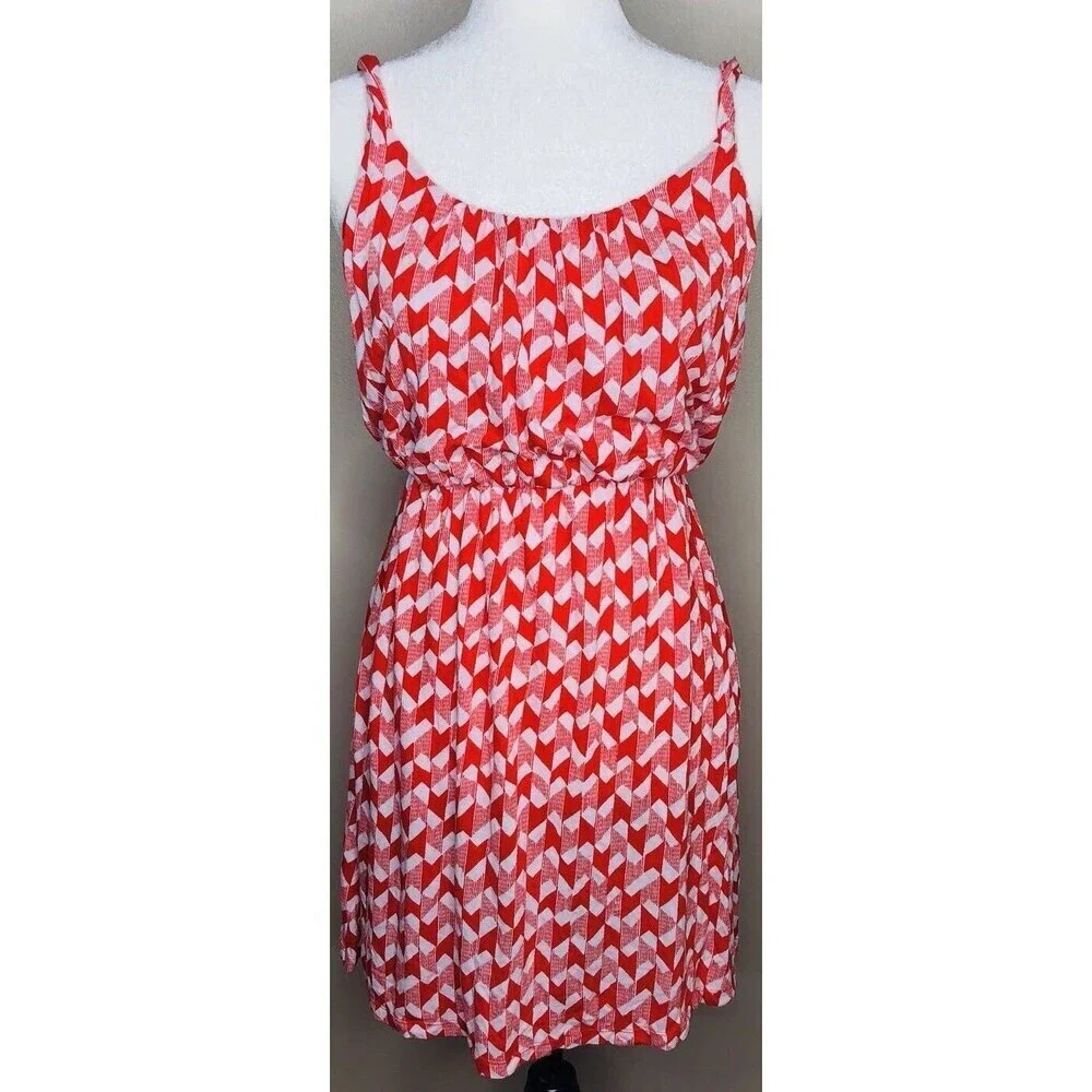 ANA Dress Small Red White Sleeveless Womens Geometric Summer Cinched Waist